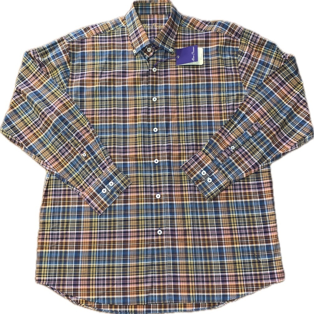 Alan Flusser Classic Fit Colorful Long Sleeve Button Plaid Collar Dress Shirt L